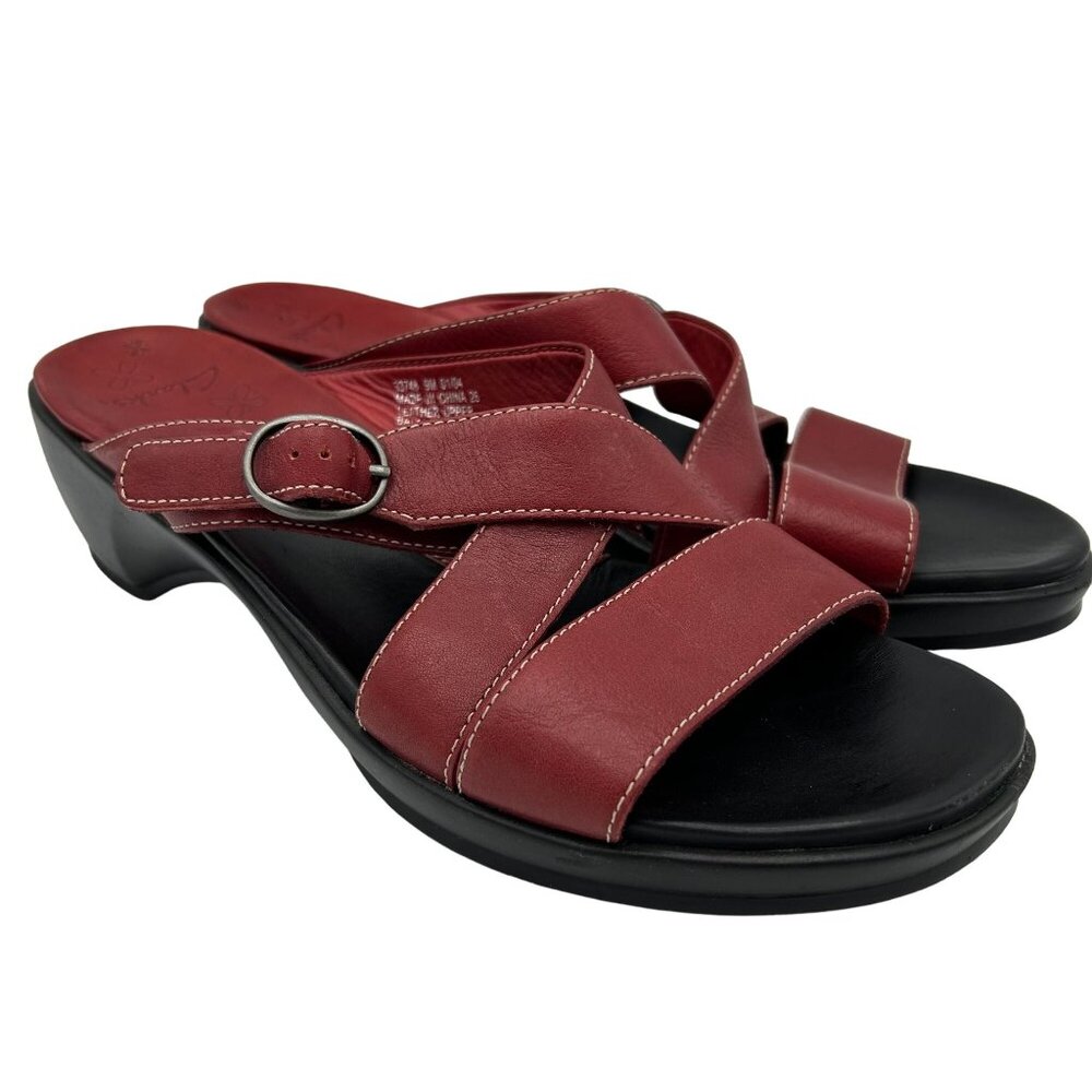 Clarks Womens Red Leather Strappy Sandals With Black Sole Size 9M